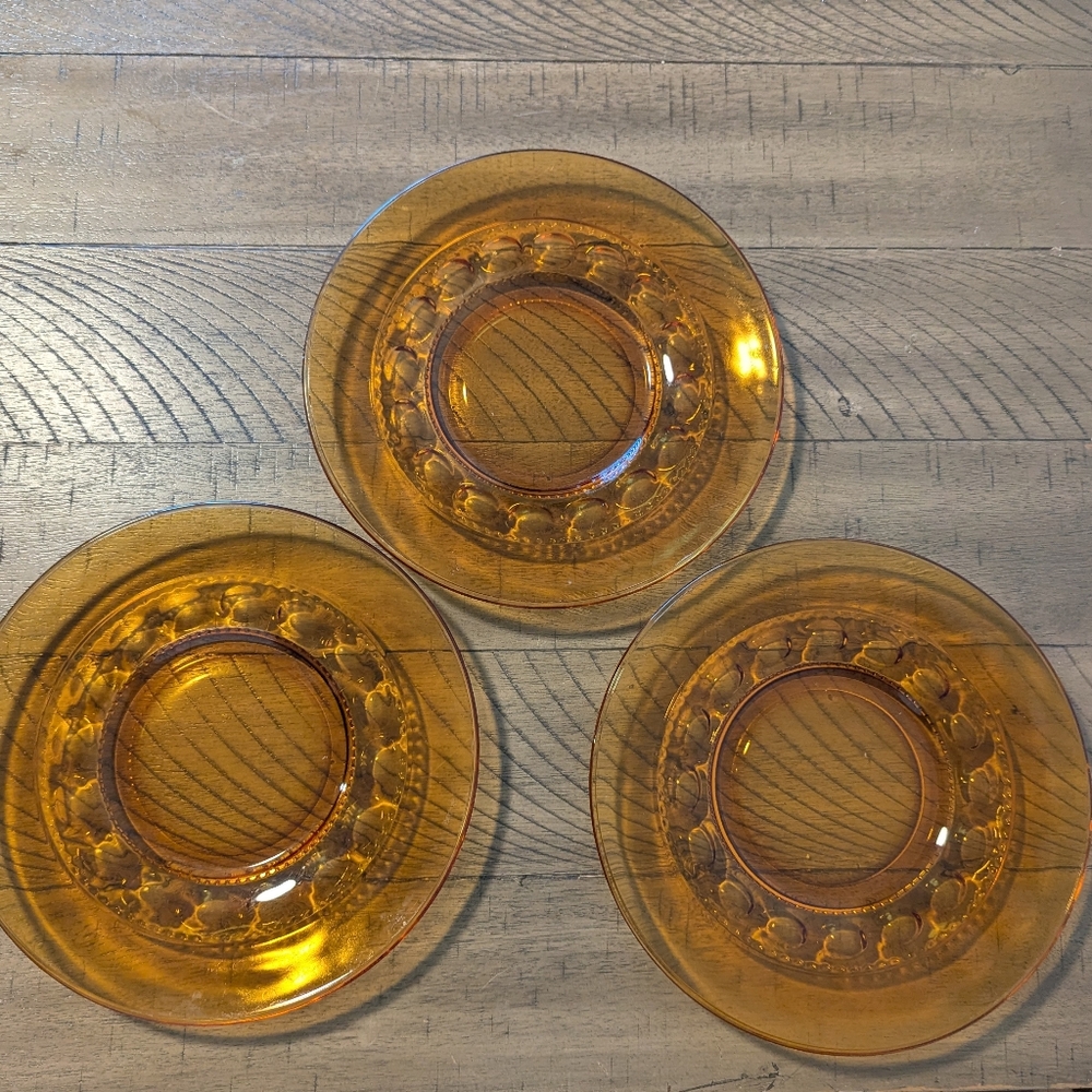 Set Of 3 Vintage Indiana Glass Plates Thumbprint Amber Kings Crown 10" Snack